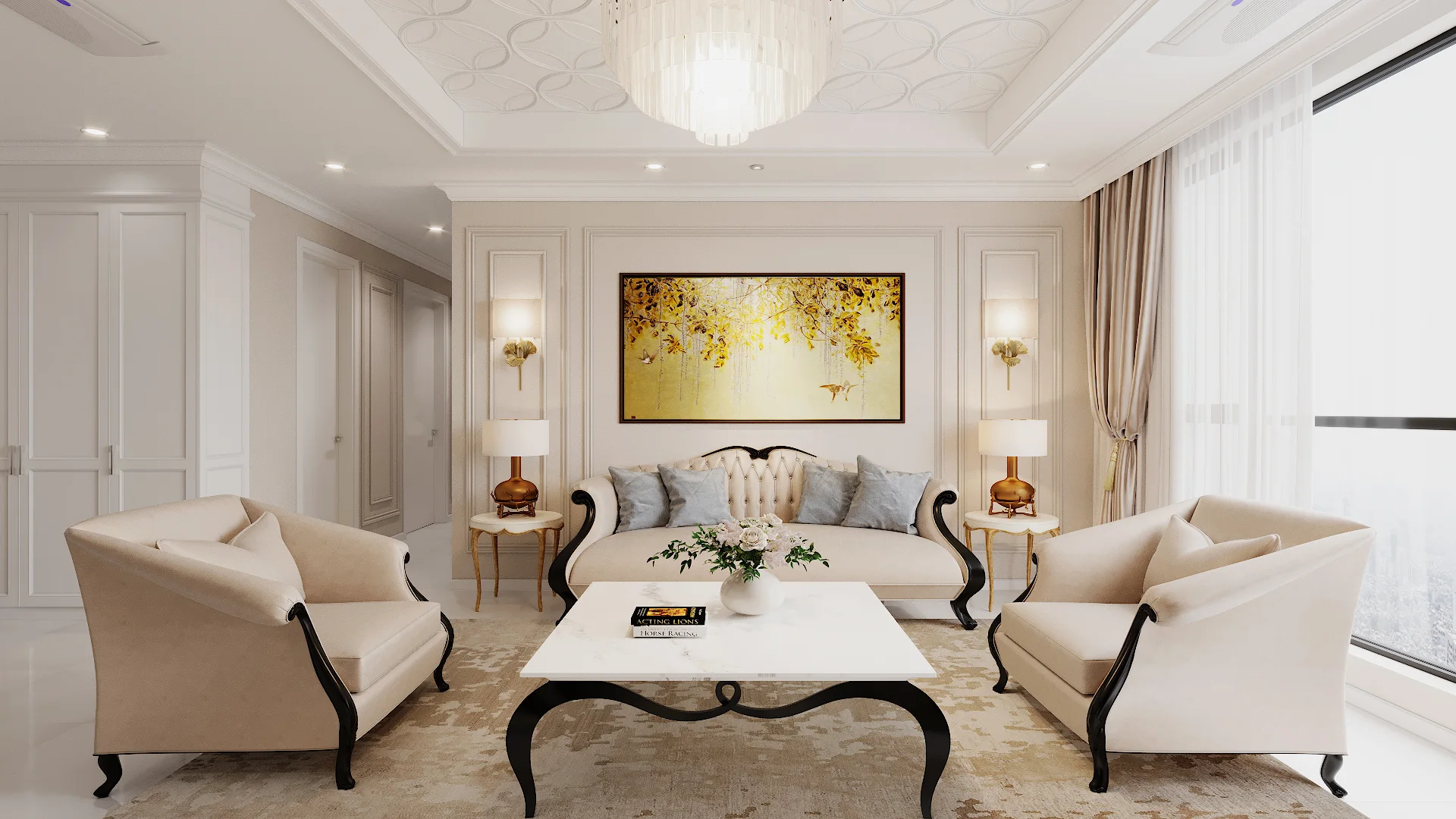 Sofa màu kem trong phòng khách tân cổ điển